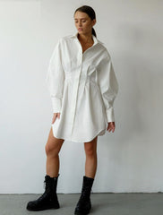 White Pleated Waist Mini Shirt Dress