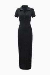 Ribbed Short Sleeve Button Down Slit Maxi Dress
