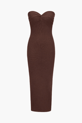 Ribbed Twist Front Strapless Midi Dress