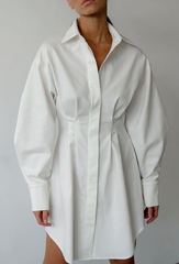 White Pleated Waist Mini Shirt Dress