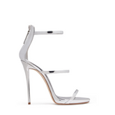 Silver Metallic Triple Strap Stiletto Heel Sandals
