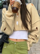 Solid Color Cutout Crop Long Sleeve Knit