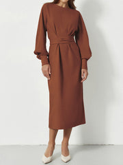 Sandy O-Neck Long Lantern Sleeve Midi Dress