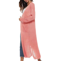 Casual Long Sleeve Split Open Cardigan Knit Long Cardigan Sweaters with Pockets