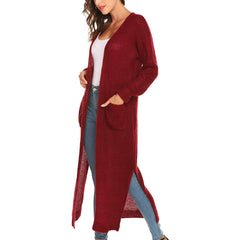 Casual Long Sleeve Split Open Cardigan Knit Long Cardigan Sweaters with Pockets
