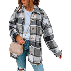 Casual Woolen Long Sleeve Button Down Plaid Jacket