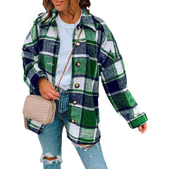 Casual Woolen Long Sleeve Button Down Plaid Jacket