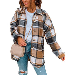Casual Woolen Long Sleeve Button Down Plaid Jacket