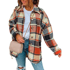 Casual Woolen Long Sleeve Button Down Plaid Jacket