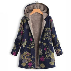 Fashion Leaves Floral Print Fluffy Fur Hooded Long Sleeve Vintage Casual Coat