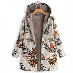 Fashion Leaves Floral Print Fluffy Fur Hooded Long Sleeve Vintage Casual Coat
