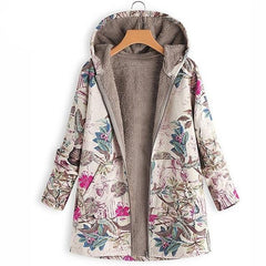 Fashion Leaves Floral Print Fluffy Fur Hooded Long Sleeve Vintage Casual Coat