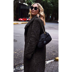 Fuzzy Fleece Lapel Open Front Long Cardigan Coat