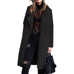 Fuzzy Fleece Lapel Open Front Long Cardigan Coat
