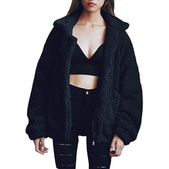 Lapel Zip Up Faux Shearling Shaggy Coat Jacket