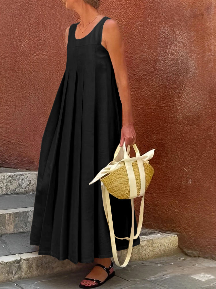 Pleated Solid Color Loose Sleeveless Round-neck Maxi Dresses