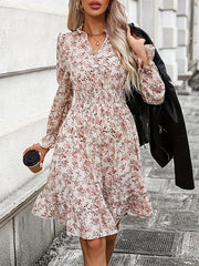 Elasticity Flower Print A-Line Long Sleeves V-Neck Midi Dresses