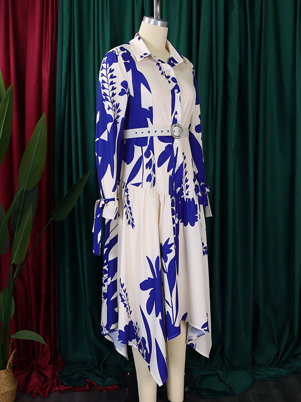 Lace-Up Pleated Printed Split-Joint Tied Waist Irregular clipping Long Sleeves Lapel Shirt Dress Maxi Dresses