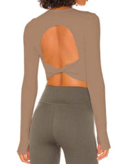 Sporty Solid Ribbed Twist Back Long Sleeve Tee