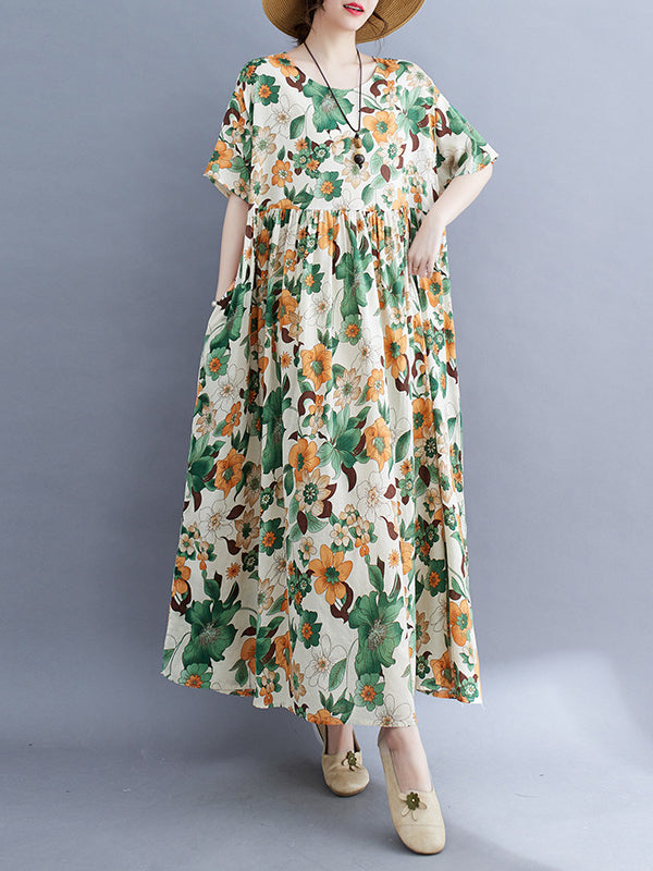 Floral Printed Pleated Split-Joint Loose Short Sleeves Round-Neck Midi Dresses