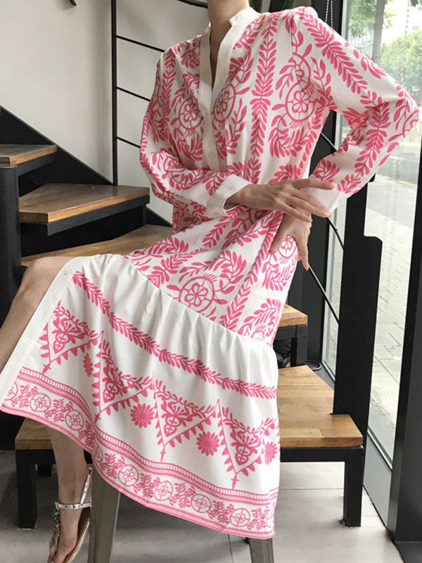 Leaves Print Printed Long Sleeves Loose Stand Collar Midi Dresses