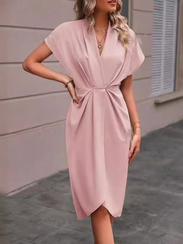 Knot Pleated Solid Color Split-Front High-Low Loose V-Neck Midi Dresses