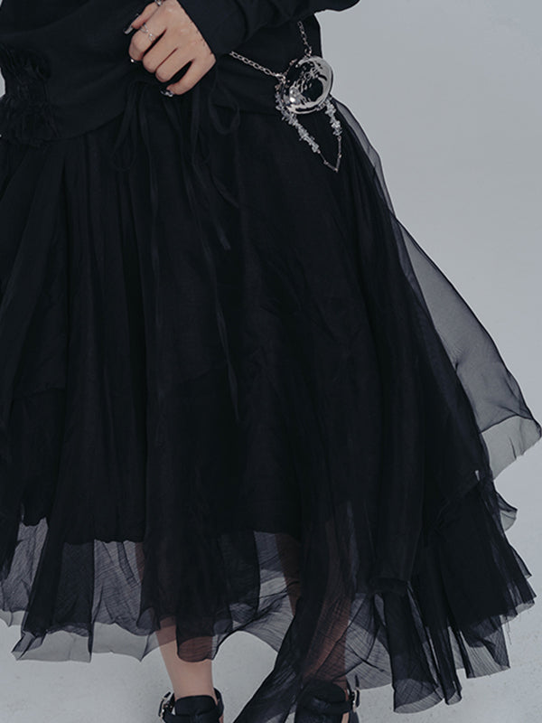 Urban Drawstring Long Sleeves Black Gauze Midi Dress