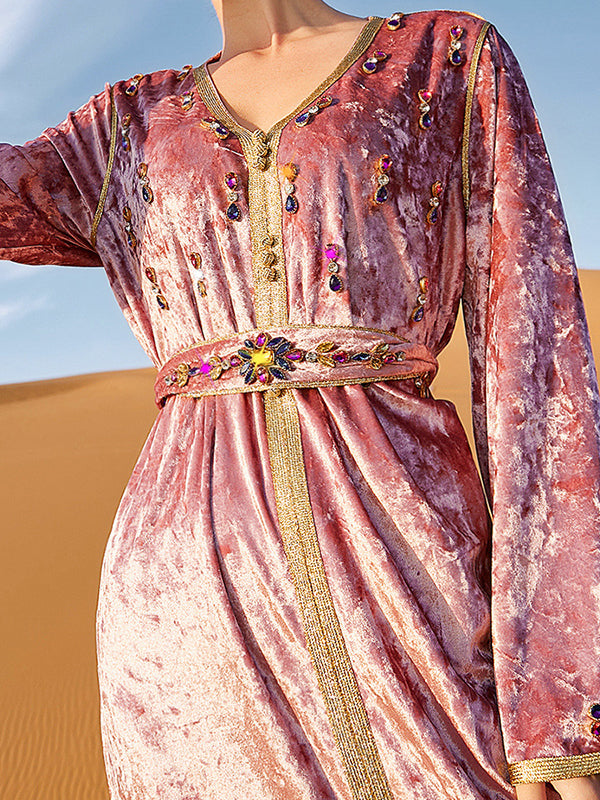 Vacation Long Sleeves Loose Lace-Up Embroidered V-Neck Dress