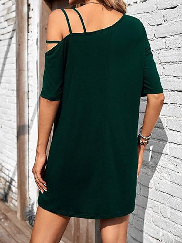 Asymmetric Solid Color Loose Short Sleeves One-shoulder Mini Dresses