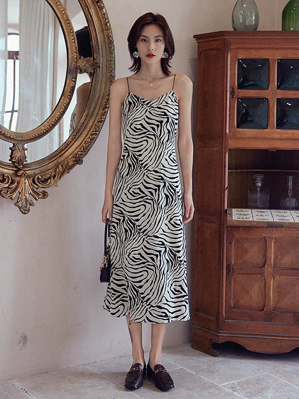 Vacation H-Line Sleeveless Zebra-Stripe V-Neck Dress