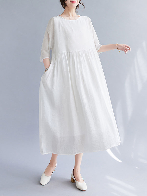 Pleated See-Through Solid Color Split-Joint Loose Short Sleeves Round-Neck Midi Dresses