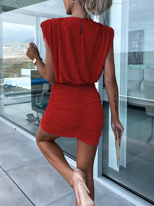 Hollow Pleated Shoulder Pad Solid Color Short Sleeves Skinny Round-Neck Mini Dresses
