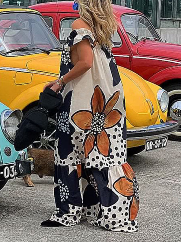 Flower Print Split-Joint Loose Short Sleeves Off-The-Shoulder Maxi Dresses