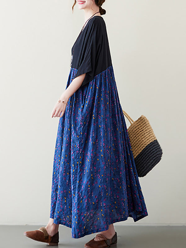Artistic Retro Loose Half Sleeves Floral Printed Contrast Color Pleated Split-Joint Midi Dresses