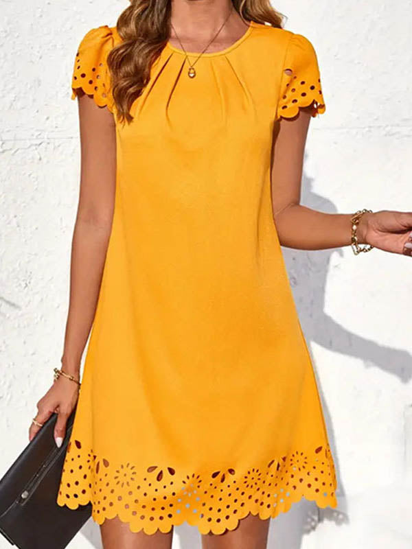 Hollow Pleated Solid Color Split-Joint Loose Short Sleeves Round-Neck Mini Dresses