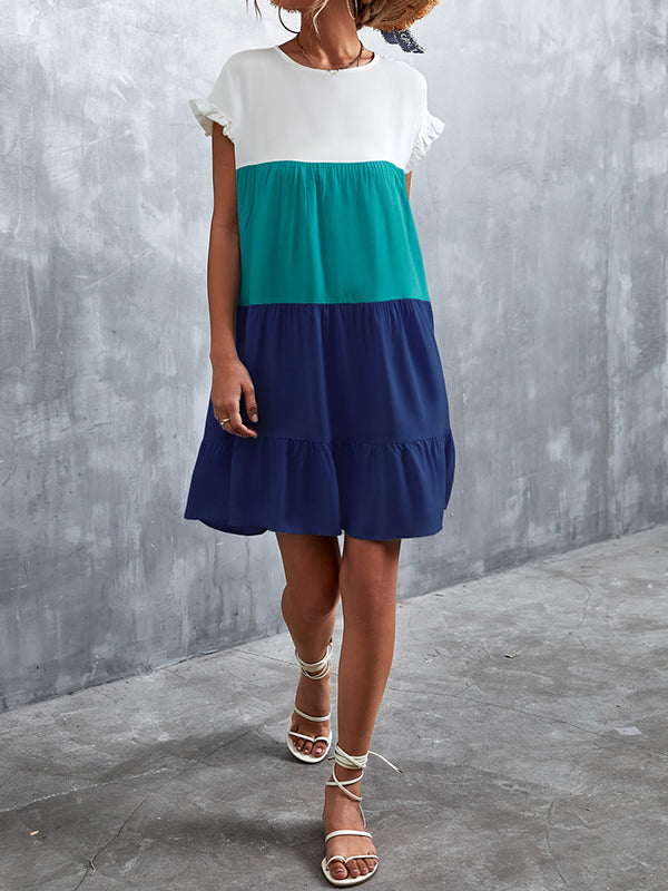 Contrast Color Falbala Pleated Split-Joint Loose Ruffle Sleeves Round-Neck Mini Dresses