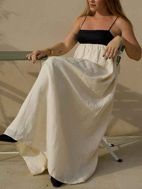 Contrast Color Pleated Split-Joint A-Line Loose Spaghetti-Neck Maxi Dresses