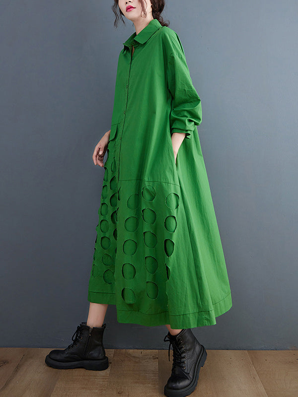 Asymmetric Hollow Polka-Dot Solid Color A-Line Long Sleeves Lapel Midi Dresses