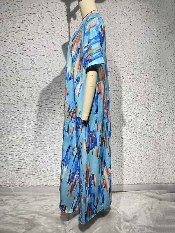 Multi-Colored Printed Loose Short Sleeves V-neck Maxi Dresses