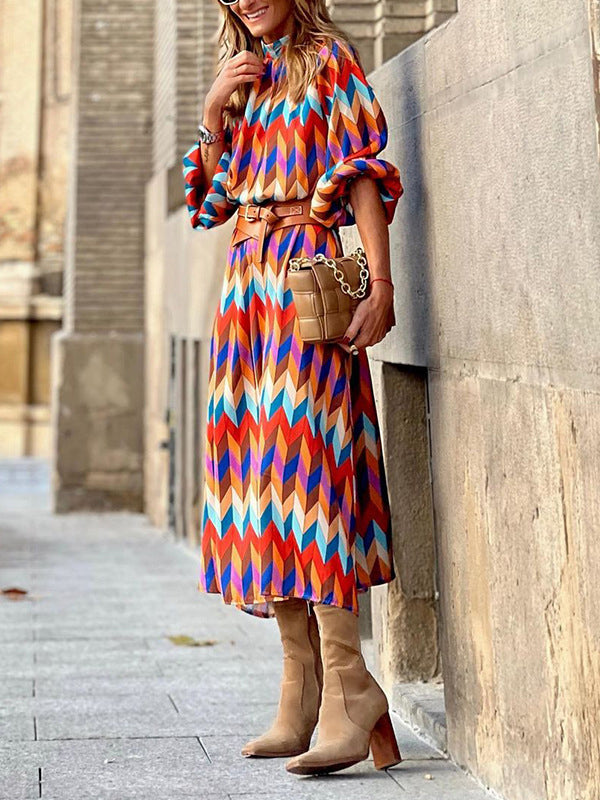 Contrast Color Elasticity Pleated A-Line Long Sleeves Stand Collar Midi Dresses