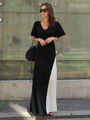 Black&White Split-joint V-neck Long Dress