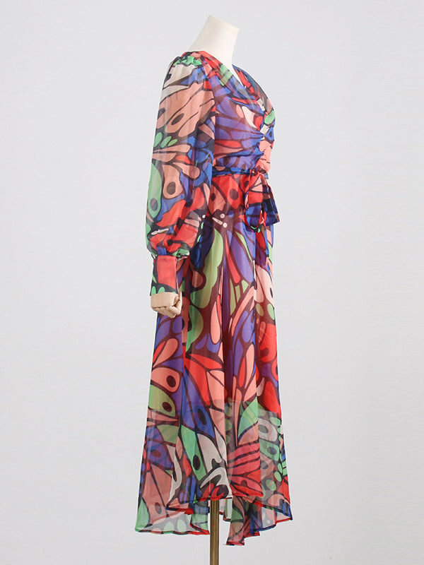 Buttoned Printed Split-Joint High Waisted Long Sleeves V-Neck Midi Dresses