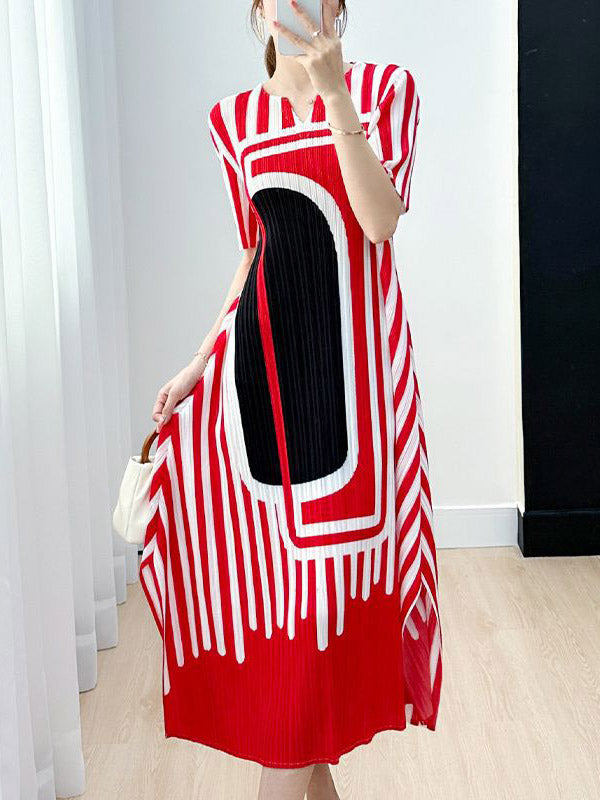 Pleated Printed A-line Loose V-neck Midi Dresses
