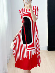 Pleated Printed A-line Loose V-neck Midi Dresses