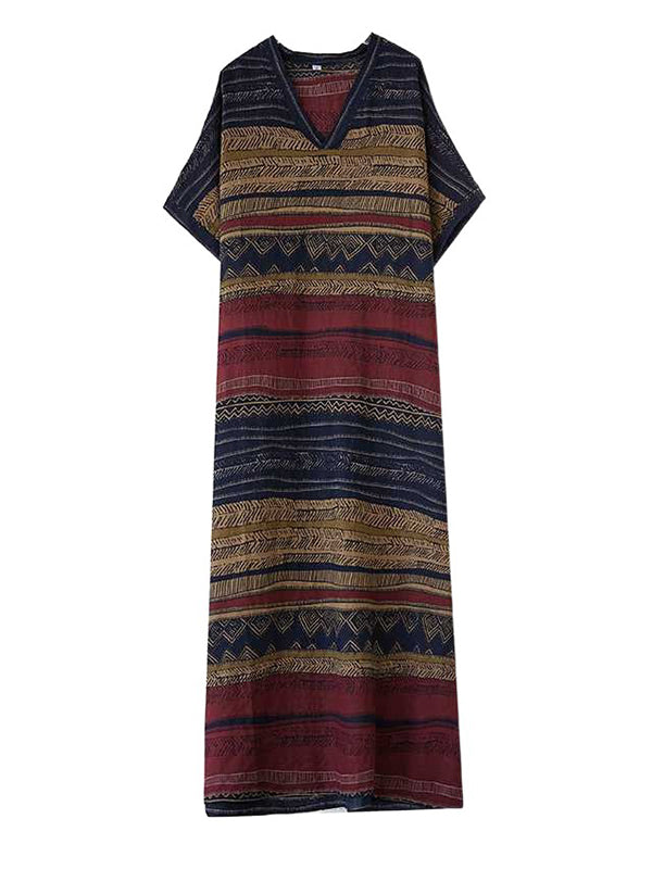 Split-Joint Striped A-Line Batwing Sleeves V-Neck Maxi Dresses