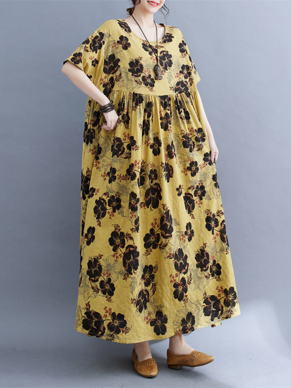 Pleated Printed Split-Joint Loose Short Sleeves Round-Neck Midi Dresses