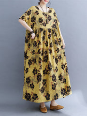 Pleated Printed Split-Joint Loose Short Sleeves Round-Neck Midi Dresses