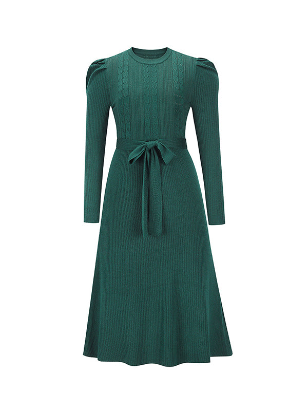 Solid Color Tied Waist High Waisted Long Sleeves Round-Neck Sweater Dresses Midi Dresses