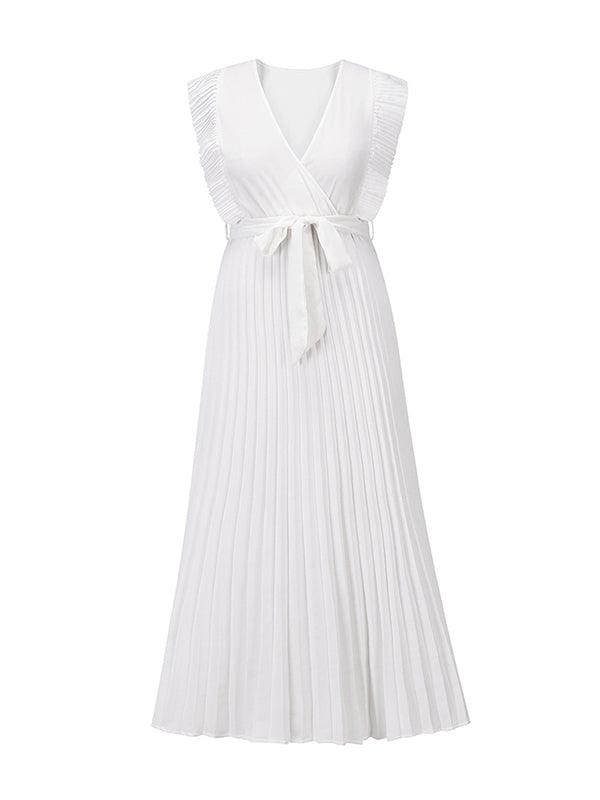 Floral Pleated Solid Color Split-Joint Tied Waist Loose Sleeveless V-Neck Maxi Dresses