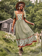 Bohemia Flared Sleeves Loose Floral Printed U-Neck Maxi Dress